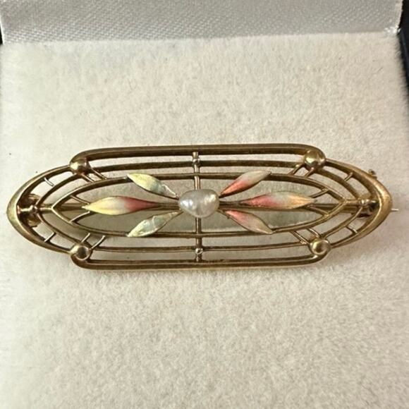 Antique 14k Krementz Art Nouveau Gold Iridescent Enamel Seed Pearl Brooch Pin - Picture 1 of 9